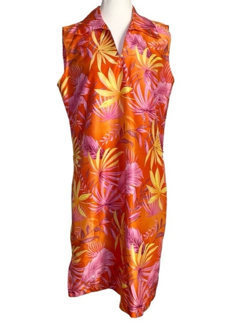 Selene Sport Tropical Orange & Pink Leaf Print Sleeveless Retro Y2K Midi Dress
